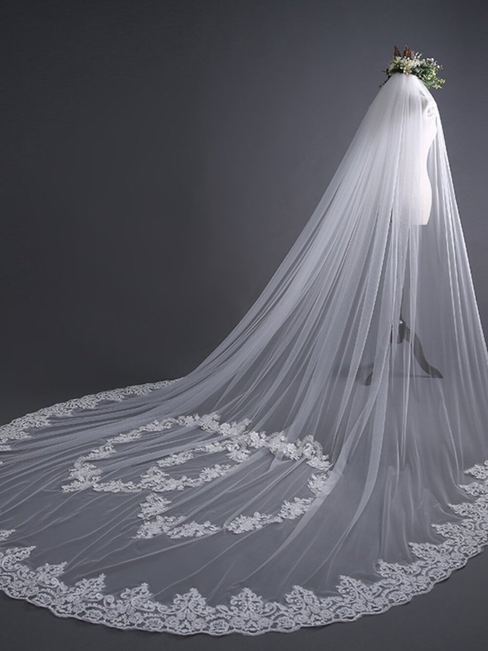 Beautiful Cathedral Length Wedding Veil with Elegant Lace Trim